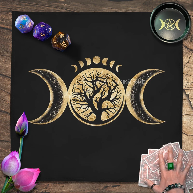 

Triple Moon Phase Tarot Tablecloth Tree Of Life Altar Cloth Black Gold Crystal Pendulum Oracle Card Pad Witchcraft Astrology Mat