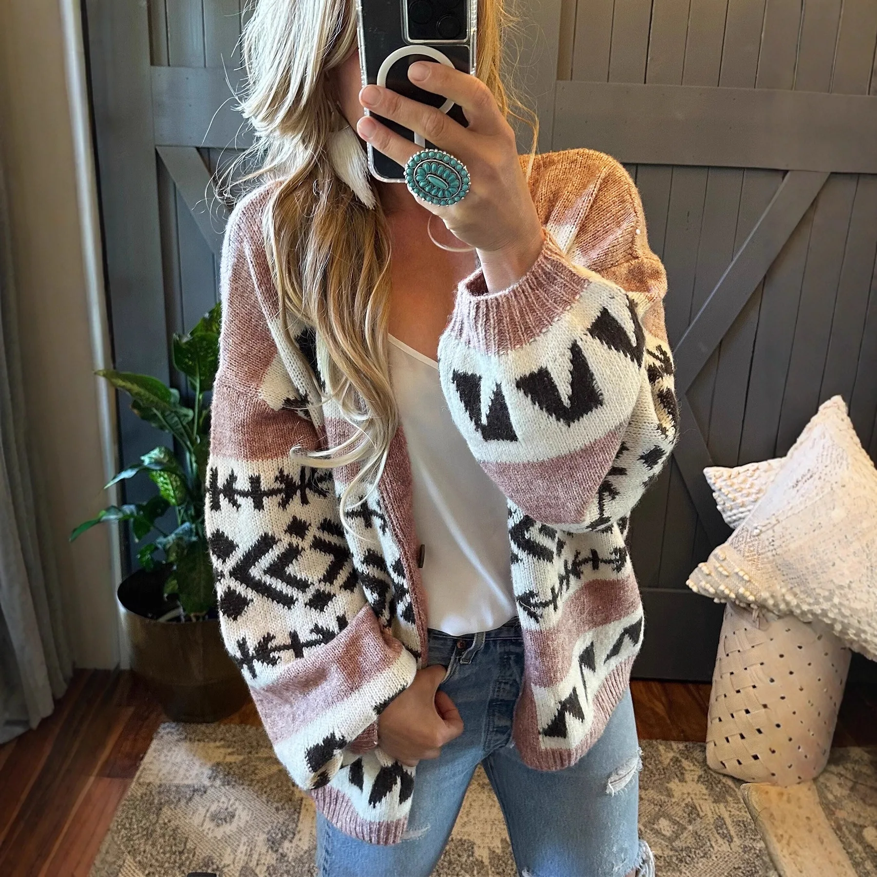 Geometric Print Autumn Women Knitwear Contrast Color Loose Knitted Sweater Jacket For Lady Elegant Office Holiday Female Sweater