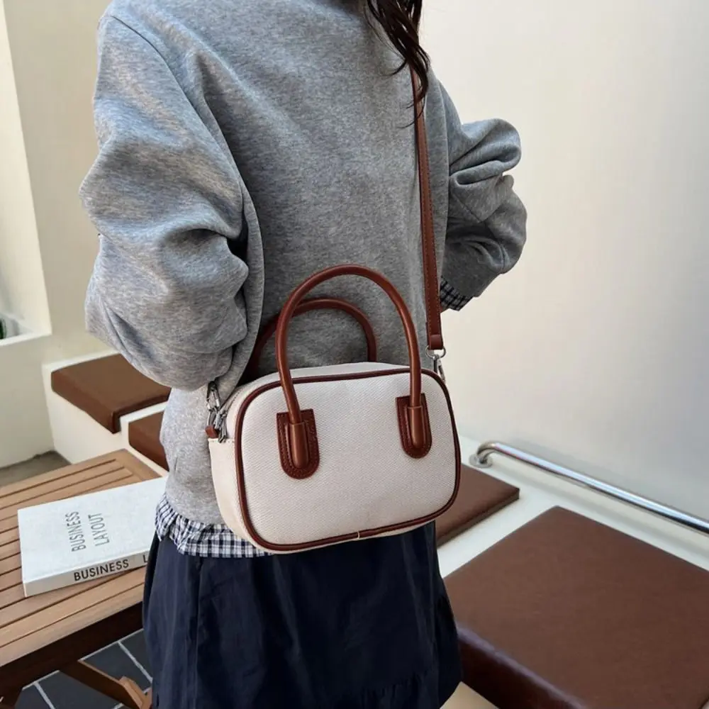 

High Quality Leather PU Bowling Bag Korean Style Solid Color Boston Tote Bag French Style Handbag Contrast Color Crossbody Bag