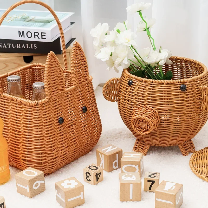 

Creative Snack Plate With Lid Imitation Rattan Weaving Fruits Basket Home Living Room Storage Baskets Animal Shaped Candy Box