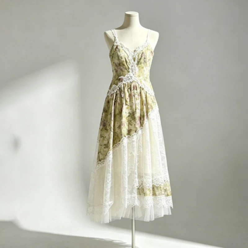 ZAMOR Mori Girl Soft Vacation Fairy Dress 2026 Summer New Women Gradient Floral V Neck Lace Spaghetti Strap Gown
