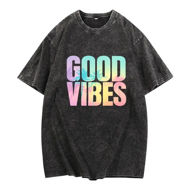 

Women's "Good Vibes" T-Shirt | Retro Washed Palm Tree Graphic Tee | Summer Beach Vacation Gift Top