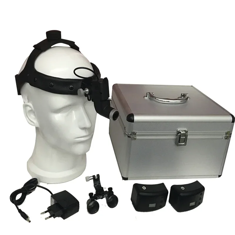 Dental Headlight Double Batteries Ks-W02 5W with 2.5x Loupe in Aluminum case in Black
