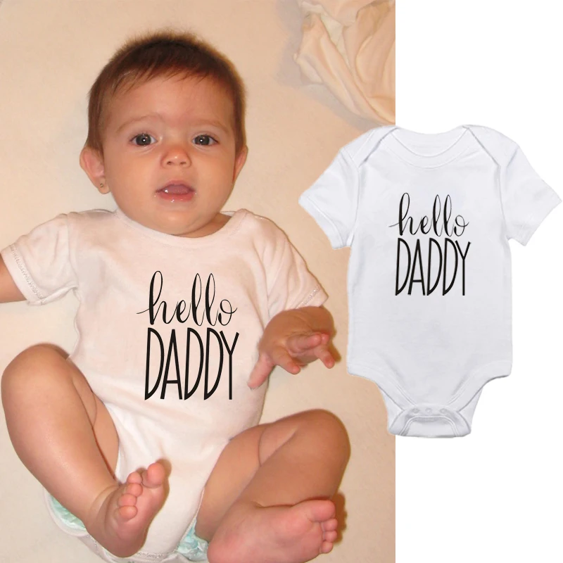 Summer Newborn Infant Baby Boy Girl Bodysuit Short Sleeve Hello Daddy Print Baby Romper White Jumpsuit Outfit Baby Daddy Clothes