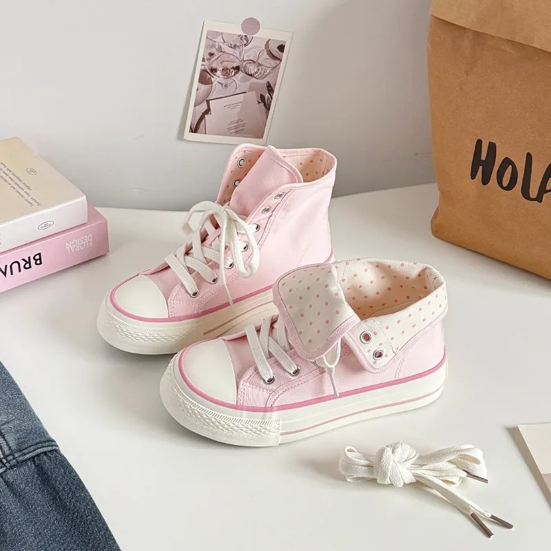 Women's High Top Platform Canvas Sneakers Polka Dot Foldable Collar Lace Up Breathable Korean Style Casual Shoes Fall 2026 view 3