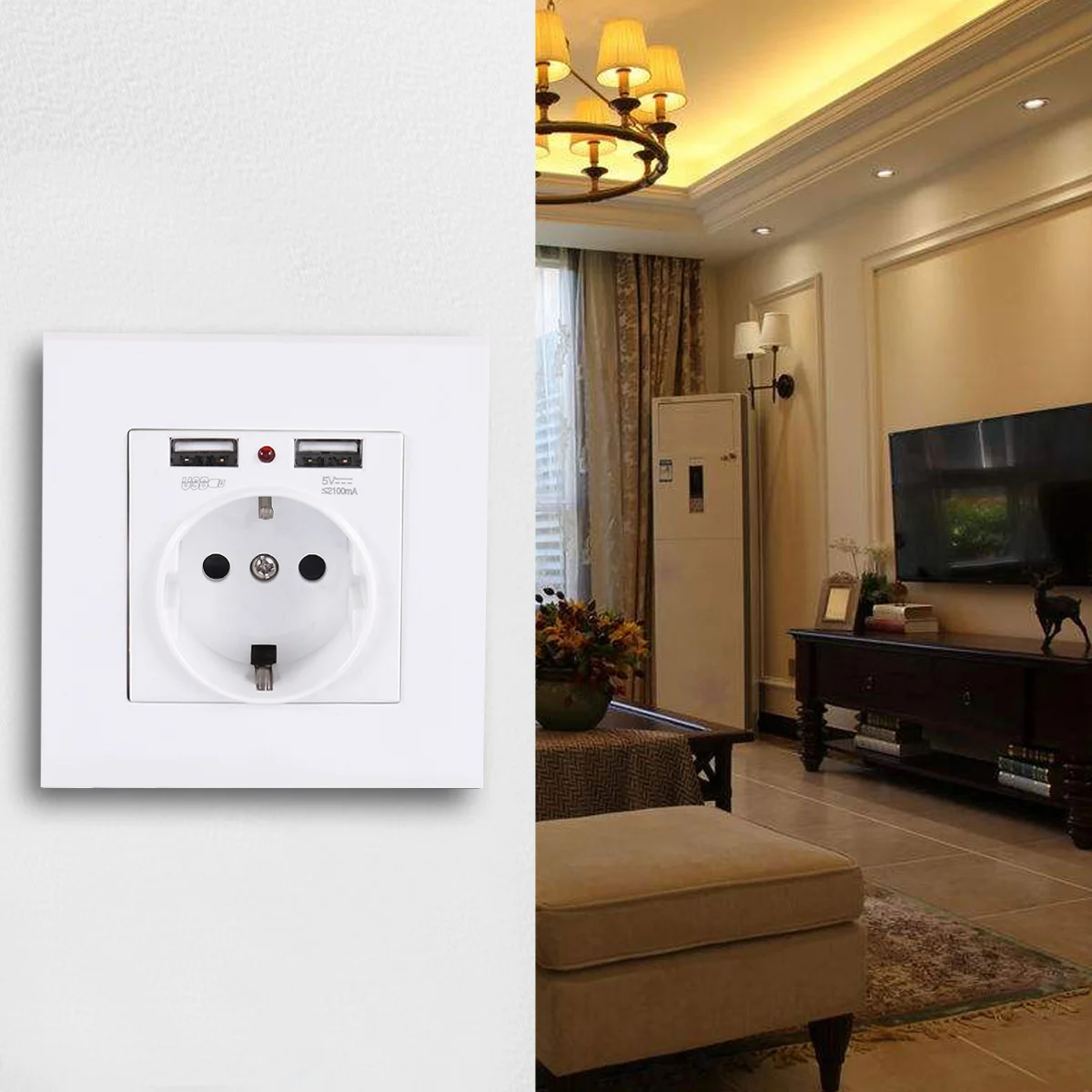 

German Type 16A White USB Power Socket Dual USB Wall Socket Panel Fireproof Cover Screwless Wall Plate