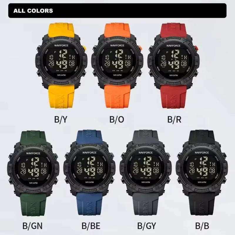 NAVIFORCE 7104 الرياضة الرجال LCD الرقمية الترفيه تاريخ الأسبوع ساعة تنبيه مقاوم للماء سيليكون حزام ساعة إلكترونية الإلكترونية