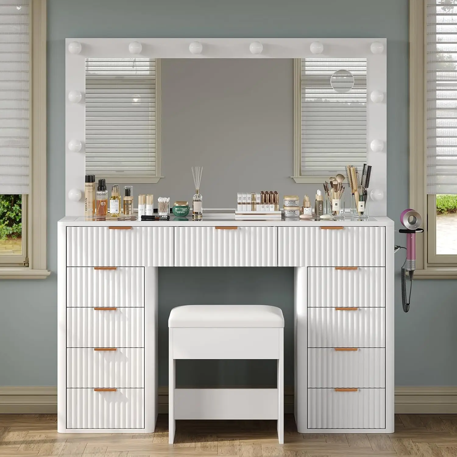 Built-in Dresser with Lighted Mirror, 3 Adjustable Lighting Modes, 11 Drawer Dresser Set, Glass Top, with Chair