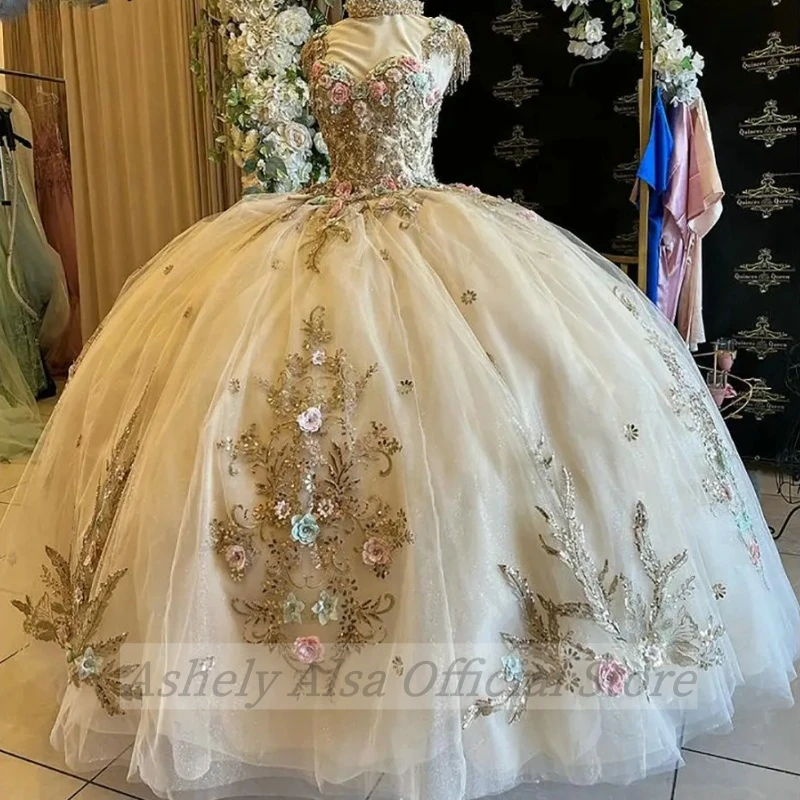 Vestidos Quinceanera com gola V para meninas, vestido com renda, vestido formal de baile, princesa árabe saudita, árabe, aplique de flores, 4ª festa, 15ª