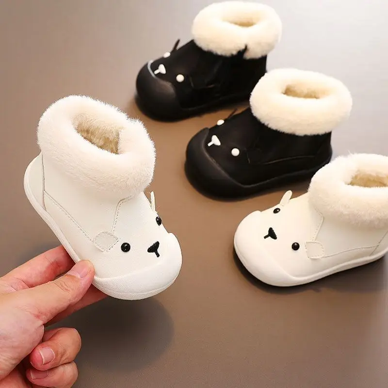 Toddler Baby Winter Boots, Cute Cartoon Animal Face, Fluffy Fur Collar, Warm Fleece Lined, Non Slip Sole for First Walkers
