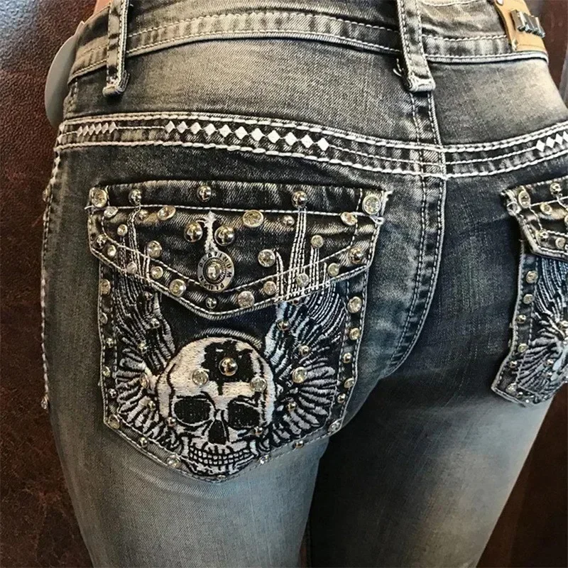 

American Skull Embroidered Rhinestone Slim Jeans Fashion Harajuku Trend Y2K Women Casual Street Hip Hop High Street Y2k Pants