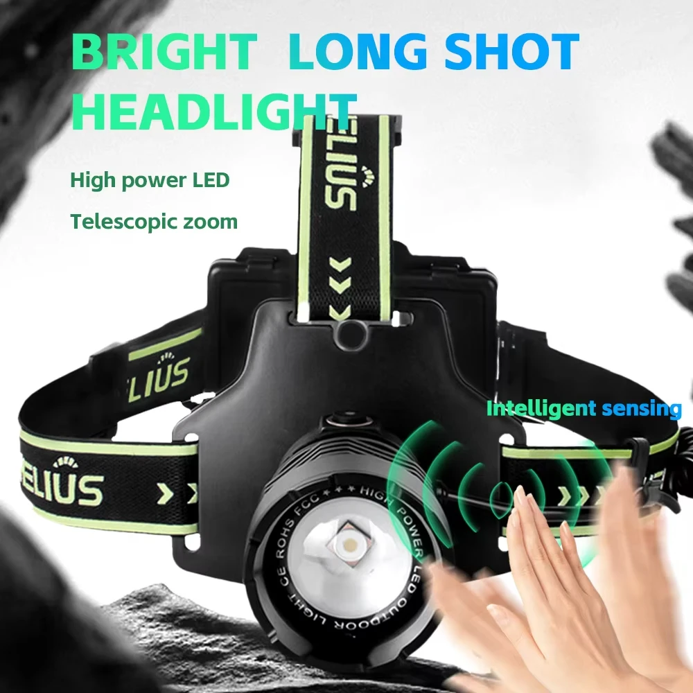 Long Rang LED Headlamp With Wave Induction Telescopic Zoom  Adjustment Usb Rechargeable Camping Aluminum Alloy Flashlight