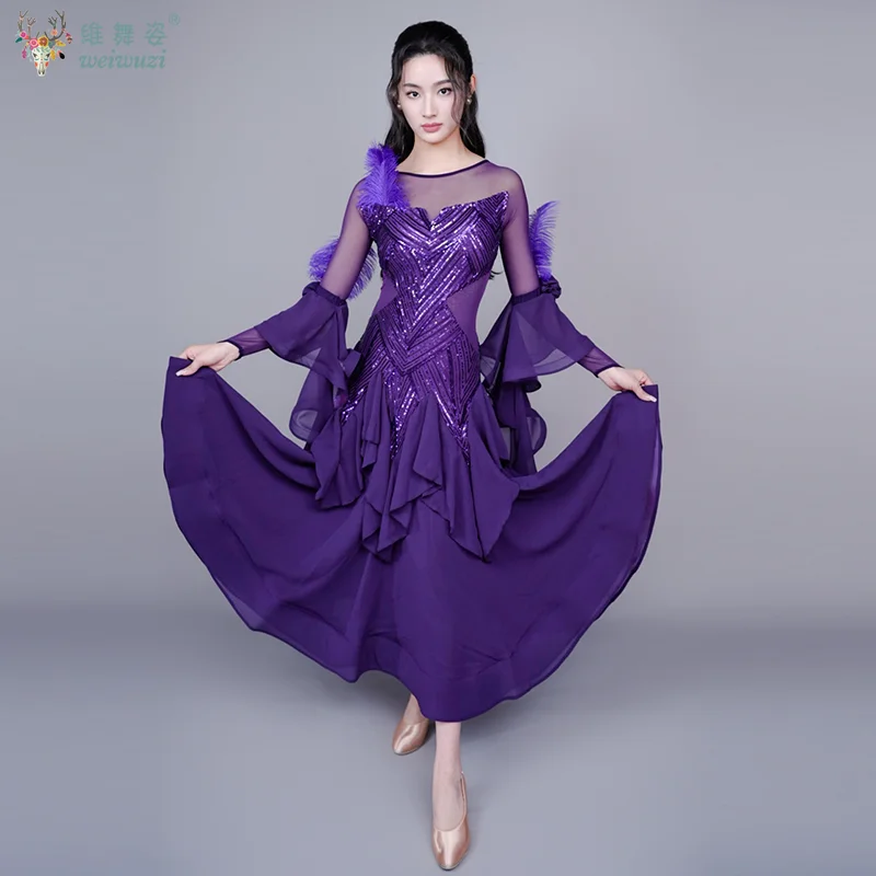 Waltz Ballroom Competition Dress High End Sequin Mesh Long Sleeves Standard Dance Performance Costume Stage Wear Evening Gowns