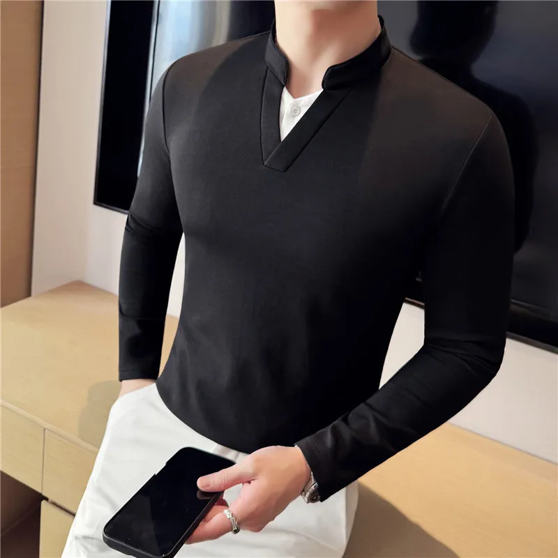 Men Spring High Quality Long Sleeve T-shirts Men's V-neck Fake 2 Pieces Stretch T-shirt Add Size 4XL-M