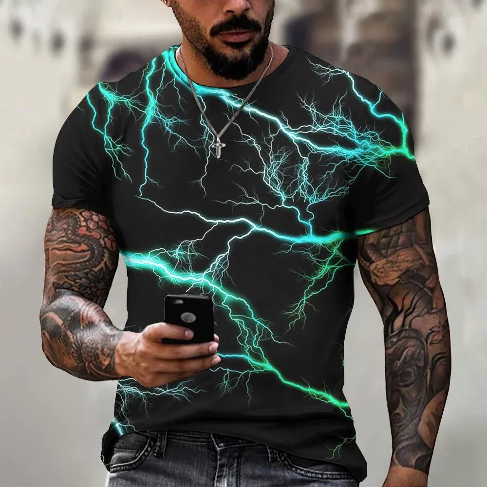 Men's 3D Printed Shirts, Lightning Printed Short Sleeve Shirt, Street Style, Big Size 5xl, Round Neck, Casual Fashion, Summer