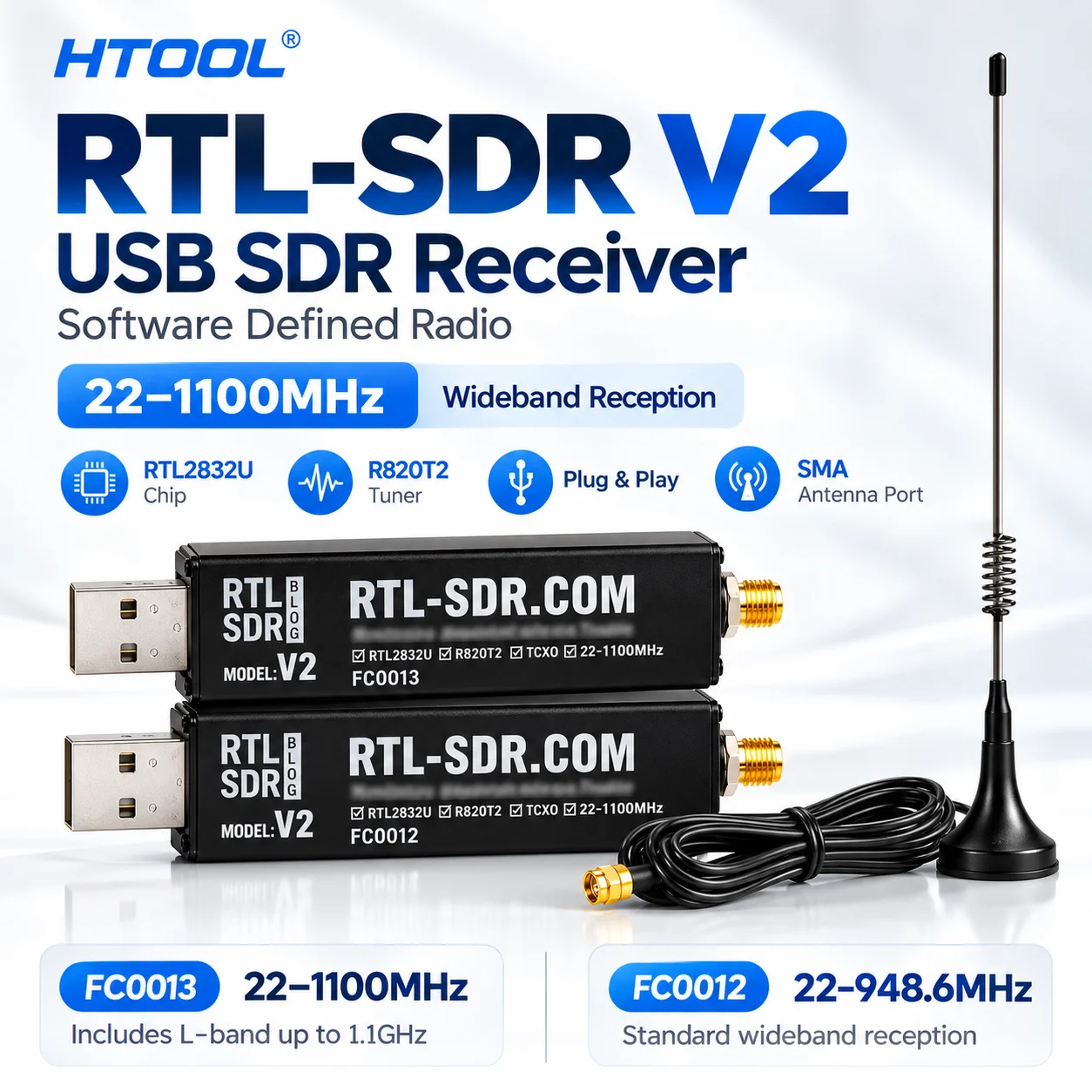 RTL-SDR V2 USB Radio Receiver RTL2832U FC0012 FC0013 22MHz-1100MHz Software D...