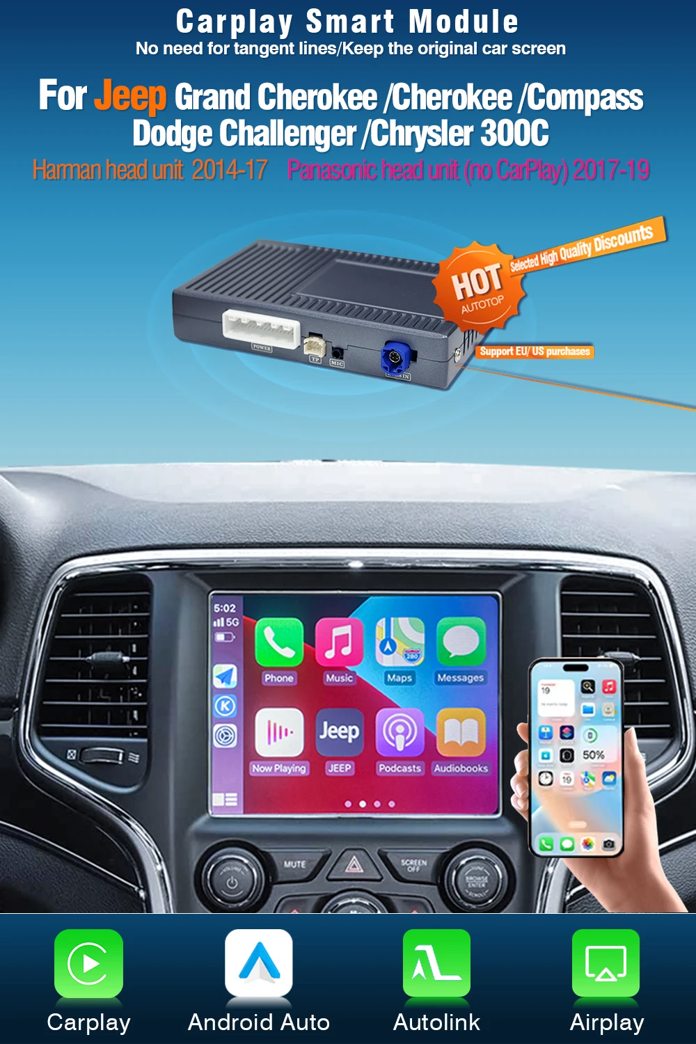 AUTOTOP OEM Bildschirm-Upgrade-Decoder für Fiat Freemont Jeep Viaggio 300C Dodge Journey Challenger Commander CarPlay Android Auto – Detail 1