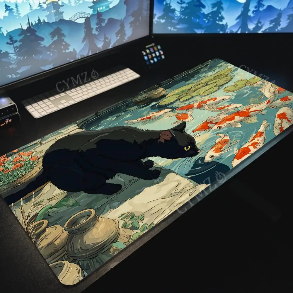 

Большой коврик для мыши Black Cat and Koi Fish с прошитыми краями, нескользящий коврик для стола, аксессуары для ПК, игровые коврики, офисный ковер