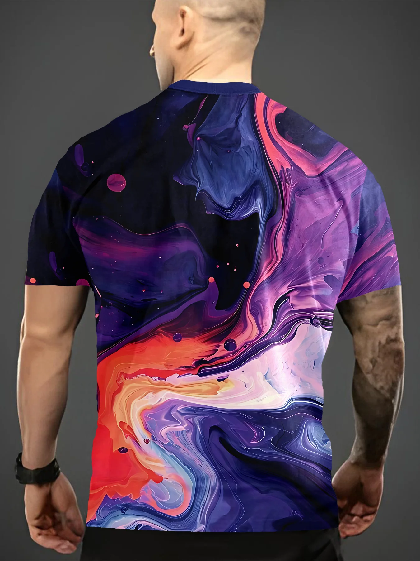 Men's Crew Neck Tee 3D Purple Red Marble Fluid Ink Swirl Print Casual Tops