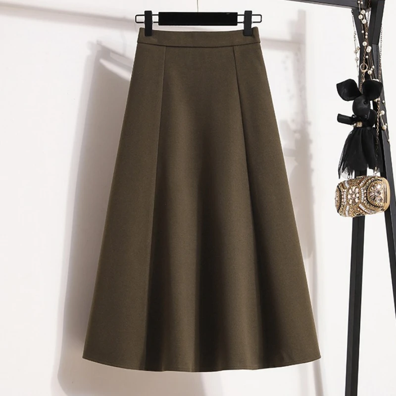 

Plus Size Temperament A-line Skirt Women's Slimming Versatile Skirt High Waisted Tweed Thickened Solid Half-body Thick Skirts