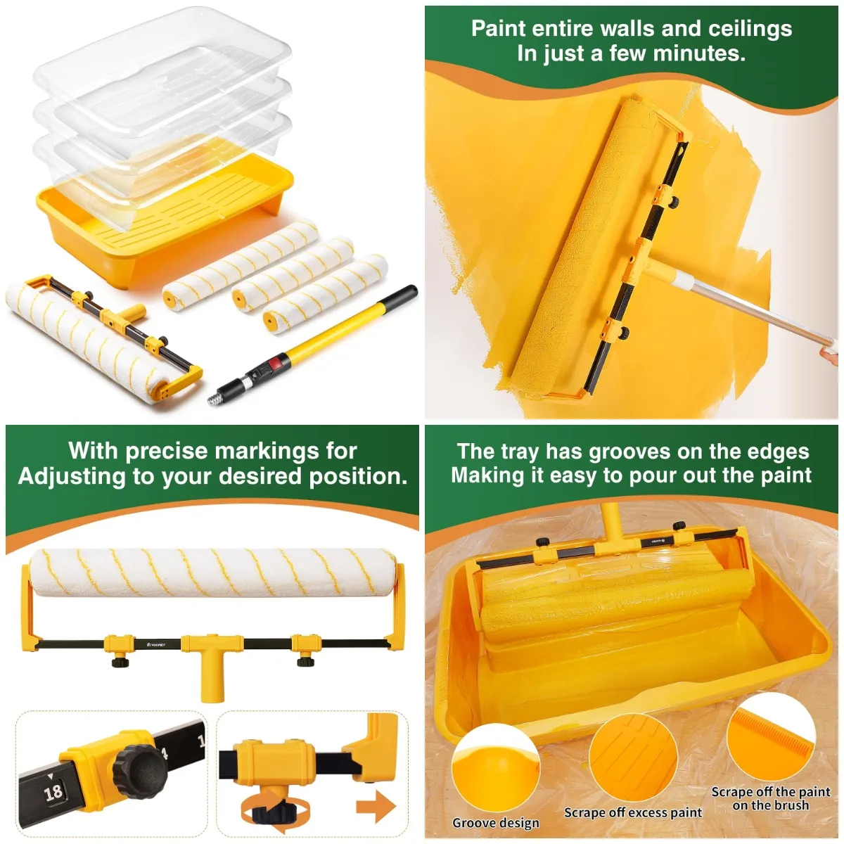 

18' Paint Roller Kit, 10Pc Microfiber Roller with Tray & Extension Pole for DIY Interior Walls