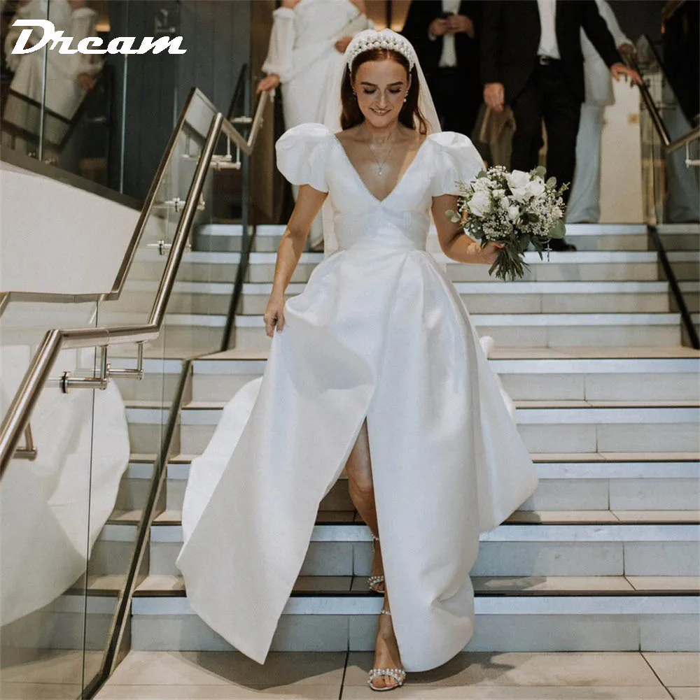 

DREAM Customized Short V Neck Satin Wedding Gown For Bride Backless A Line High Slit Sweep Train Simple Bridal Dress 2025