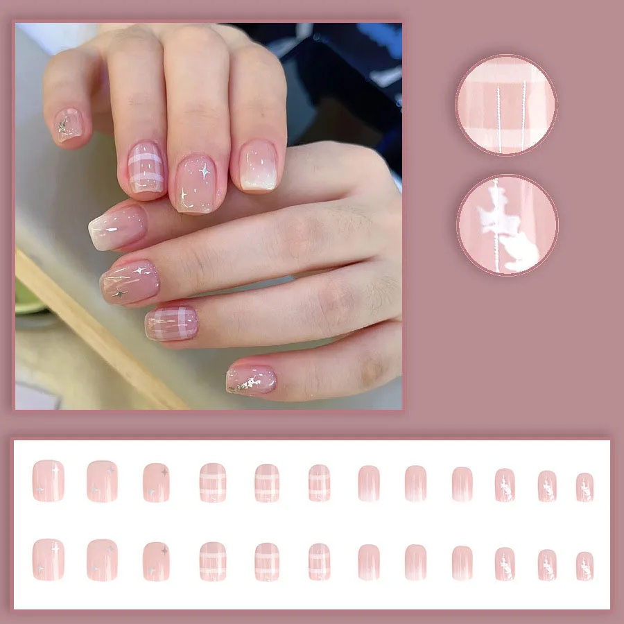 24pcs/set Short square fake nails for women girls nude red colos with star strips korean style full cover press on false nails