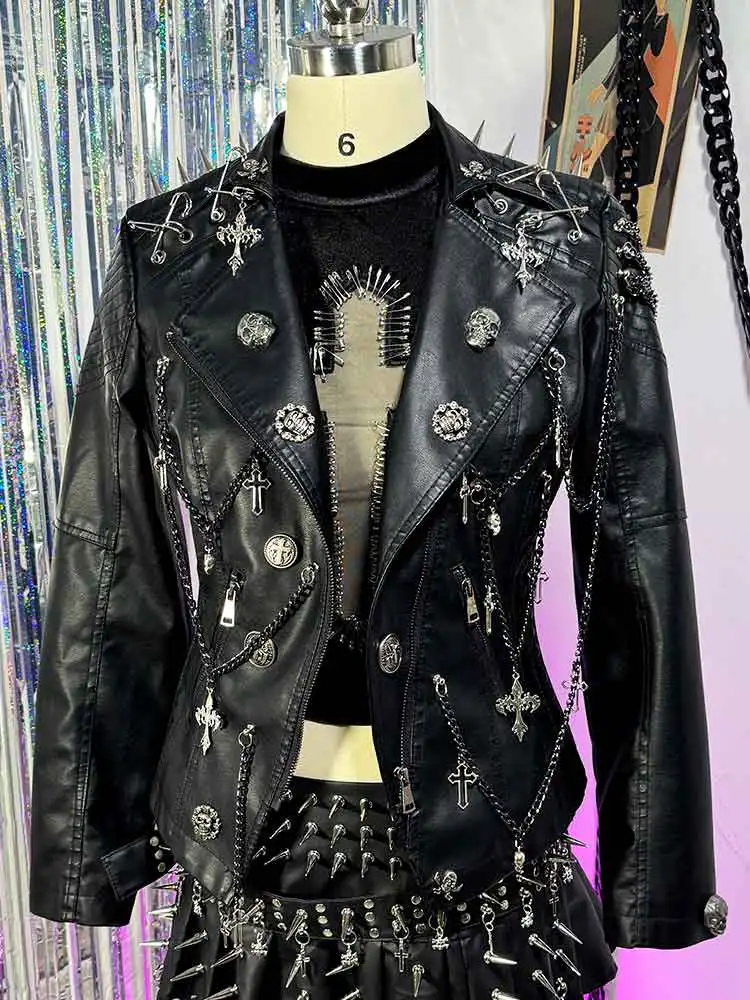 Veste en cuir végétalien Y2K des années 90, manteau avec tête de mort, Harajuku e-girls, broche Punk Rock, chaîne Grunge faite à la main, bricolage gothique Cross Street Wear Emo