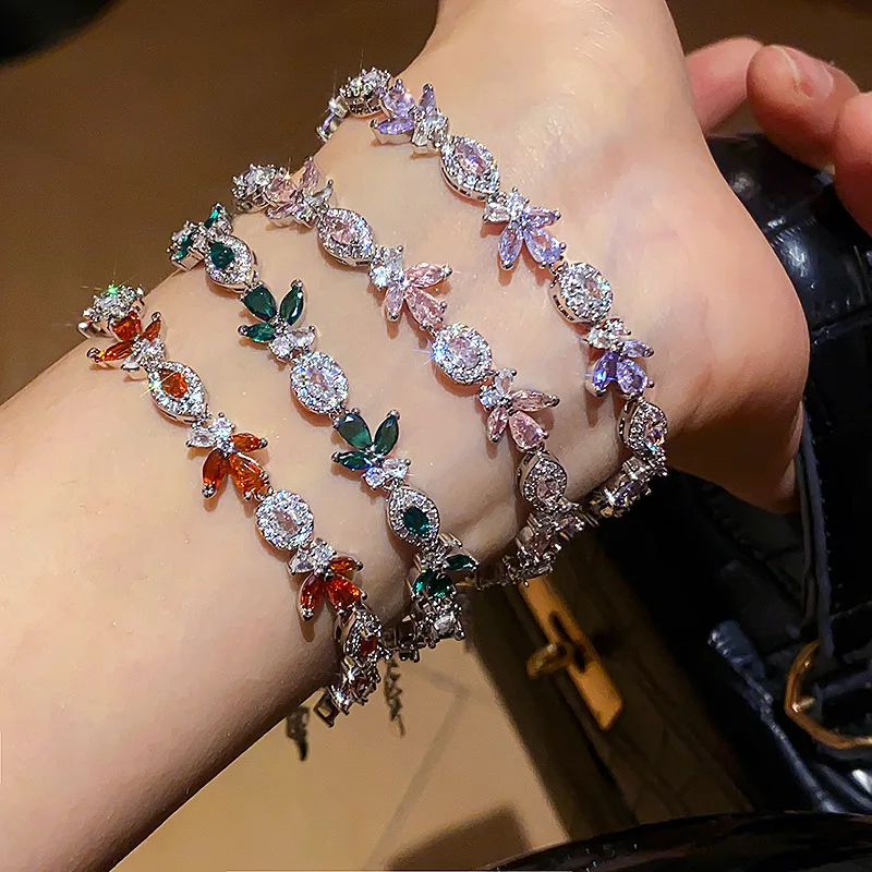 

New Design Women Bracelets Luxury Leaf Oval Shape Zircon Link Chain Bridal Bridesmaid Wedding Party Jewelry Christmas Gift 1679