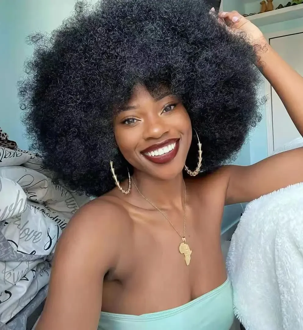 

Fluffy Afro Kinky Curly Human Hair Wig With Thick Bangs Natural Short Bob Wigs For Black Women Raw Indian Full Machine Hair Wig