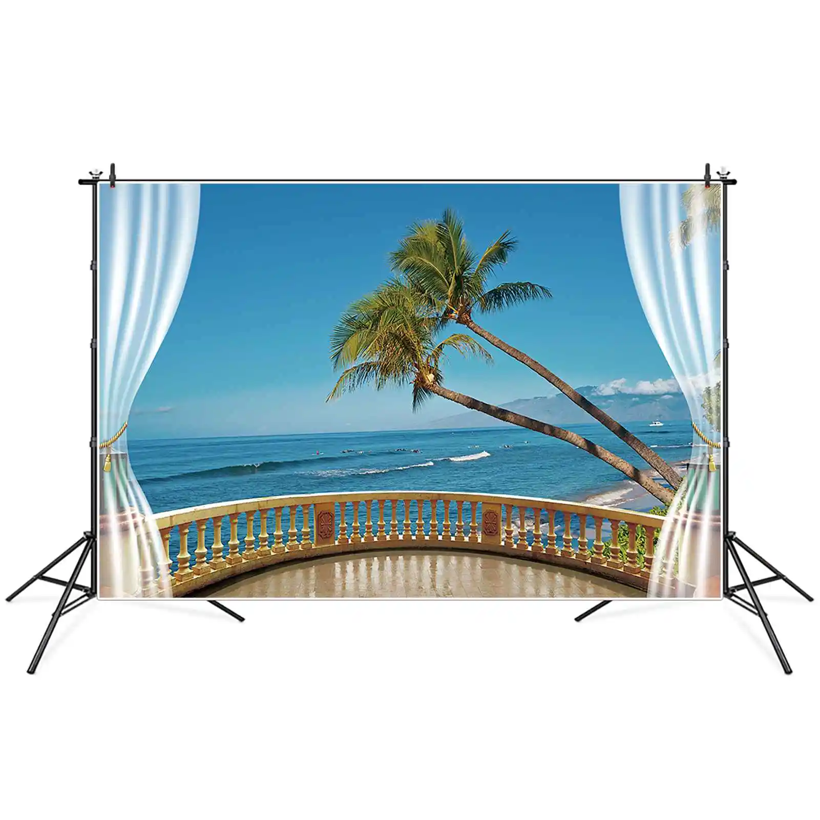 MOON.QG-Palmeira deixa o fundo para adultos, adereços personalizados de decoração de festa, cenários de verão e praia, fundo azul do oceano