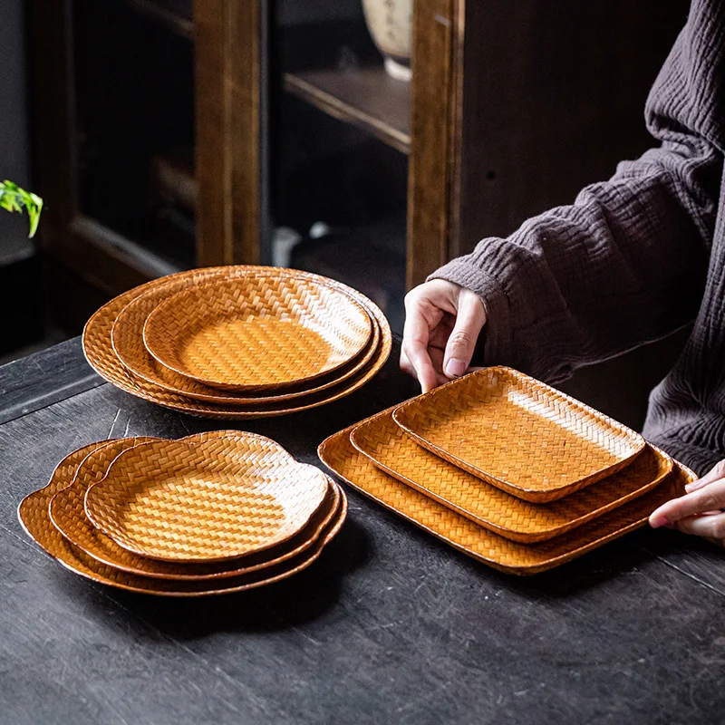 Retro bamboo woven basket refreshment tray delicate pastry tray Chinese fruit plate snack