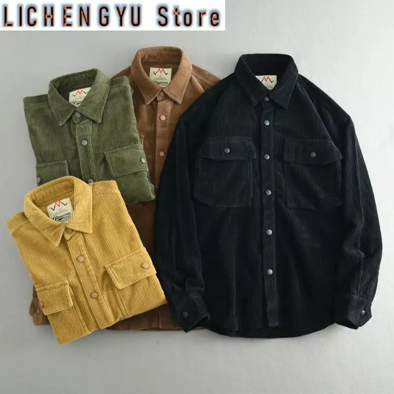 Autumn Winter New American Retro Long-Sleeve Lapel Thickened Corduroy Shirt Men's 100% Cotton Washed Double Pocket Casual Jacket