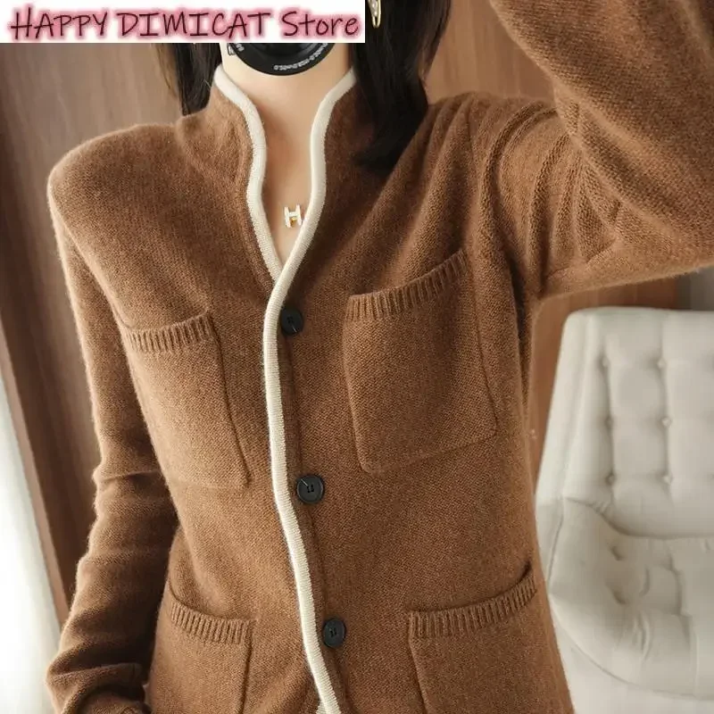 

Women's Stand-Up Collar Cardigan, Casual Knit Tops, Korean Plus Size Female Jacket, 100% Cashmere, Wool Sweater, Autumn, Winter