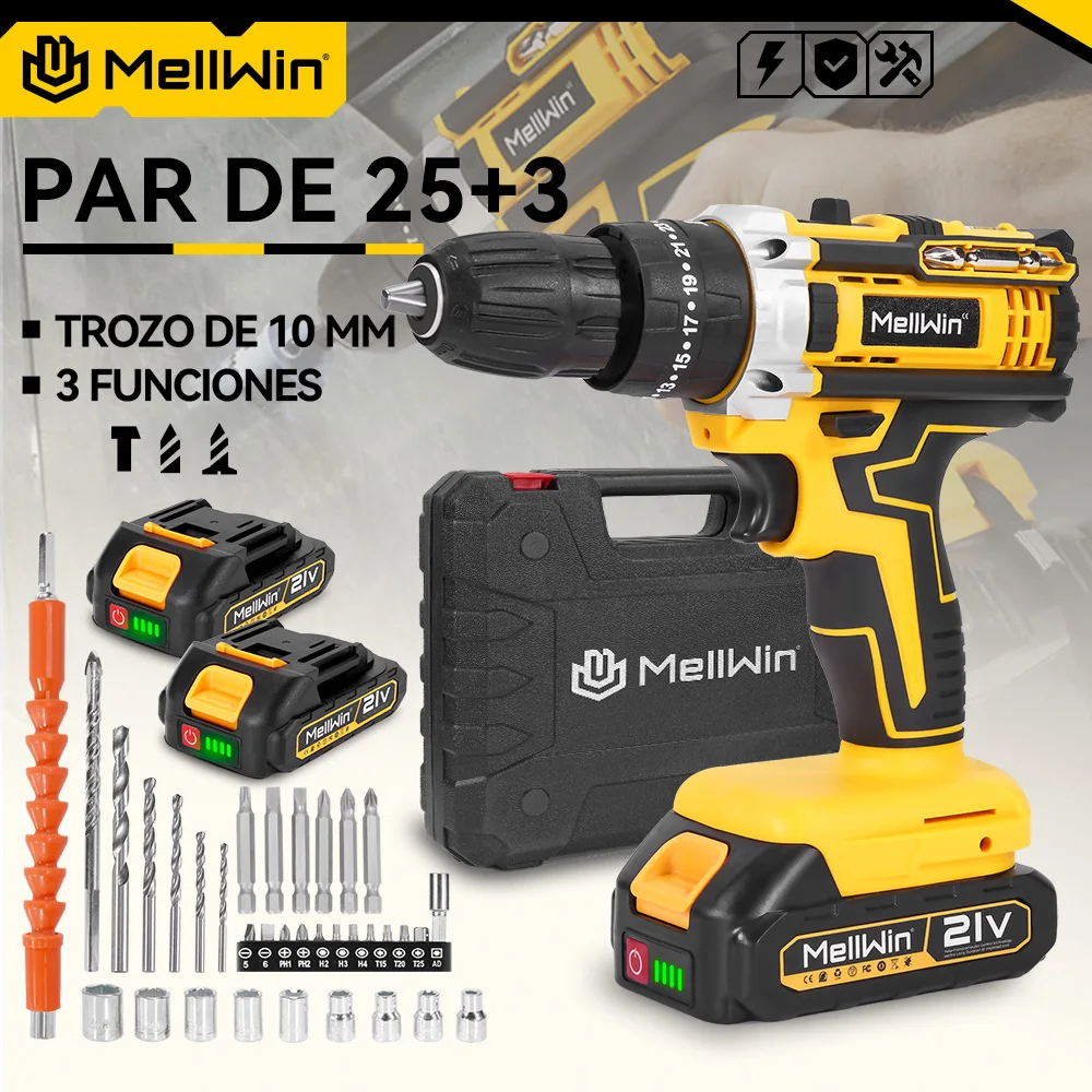 MELLWIN-taladro de impacto eléctrico de torsión 25 + 3, destornillador eléctrico inalámbrico multiusos, herramienta eléctrica DIY para Pin de batería Makita de 18V