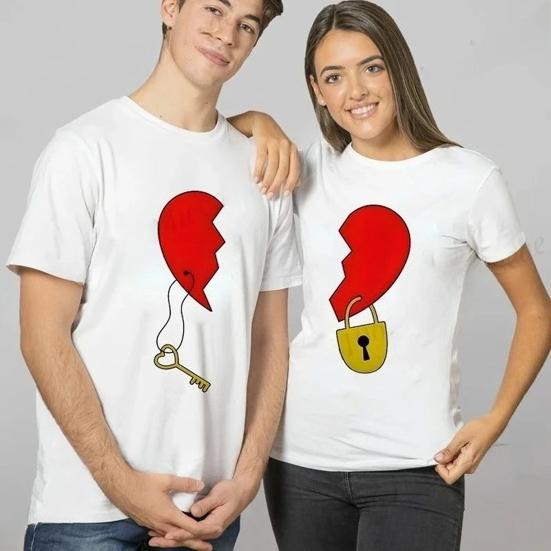 

Мужская и женская футболка Partnerlook Heart Lock Key Love Забавная модная футболка с короткими рукавами для пар Love Couples Одежда для влюбленных Рубашка