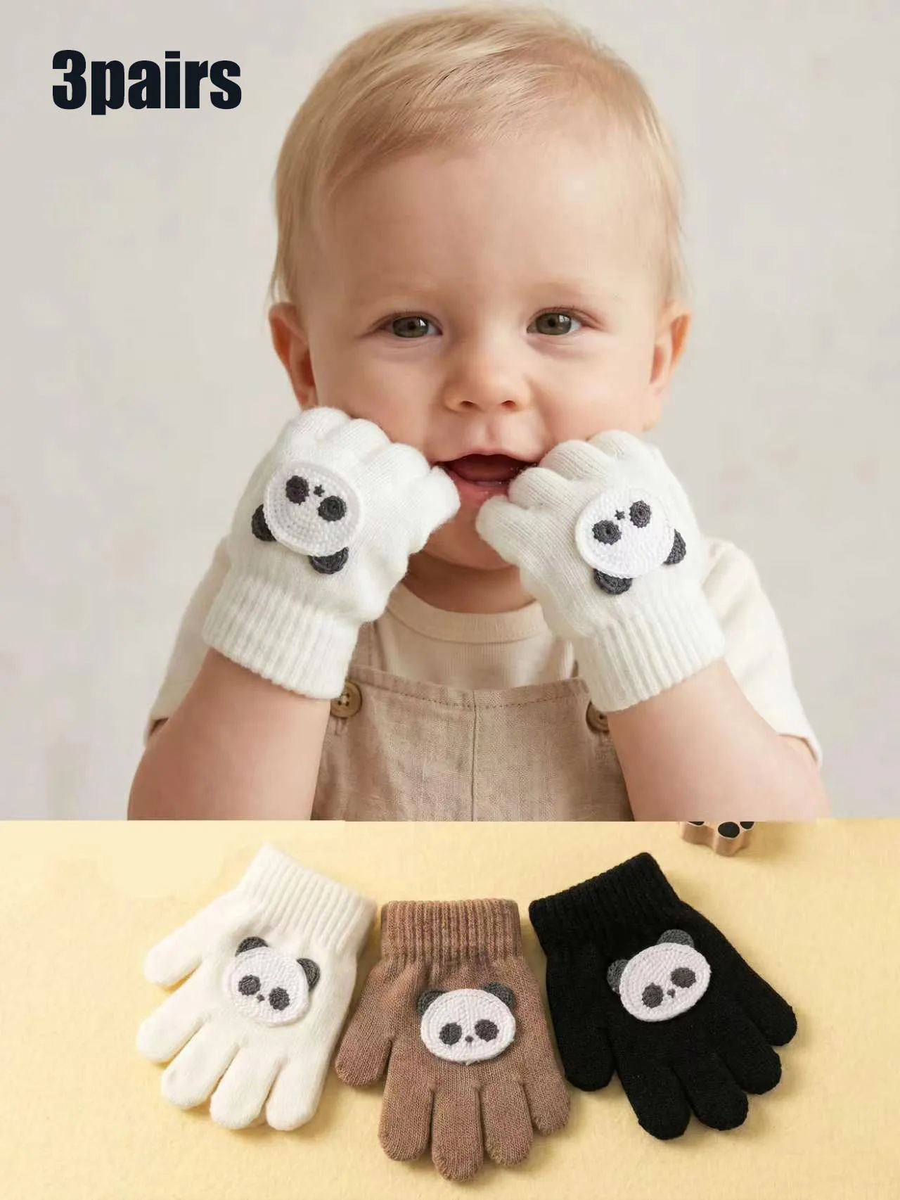 3Pairs Baby Boys Knitted Full Finger Gloves, Embroidered Bear Candy Color Thick Toddler Gloves for Autumn Winter Daily Wear