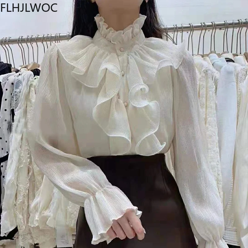 2022 Spring Autumn Basic Shirts Blouses Women Fashion Long Sleeve Elegant Office Lady Work Solid White Ruffled Chic Tops Blusas