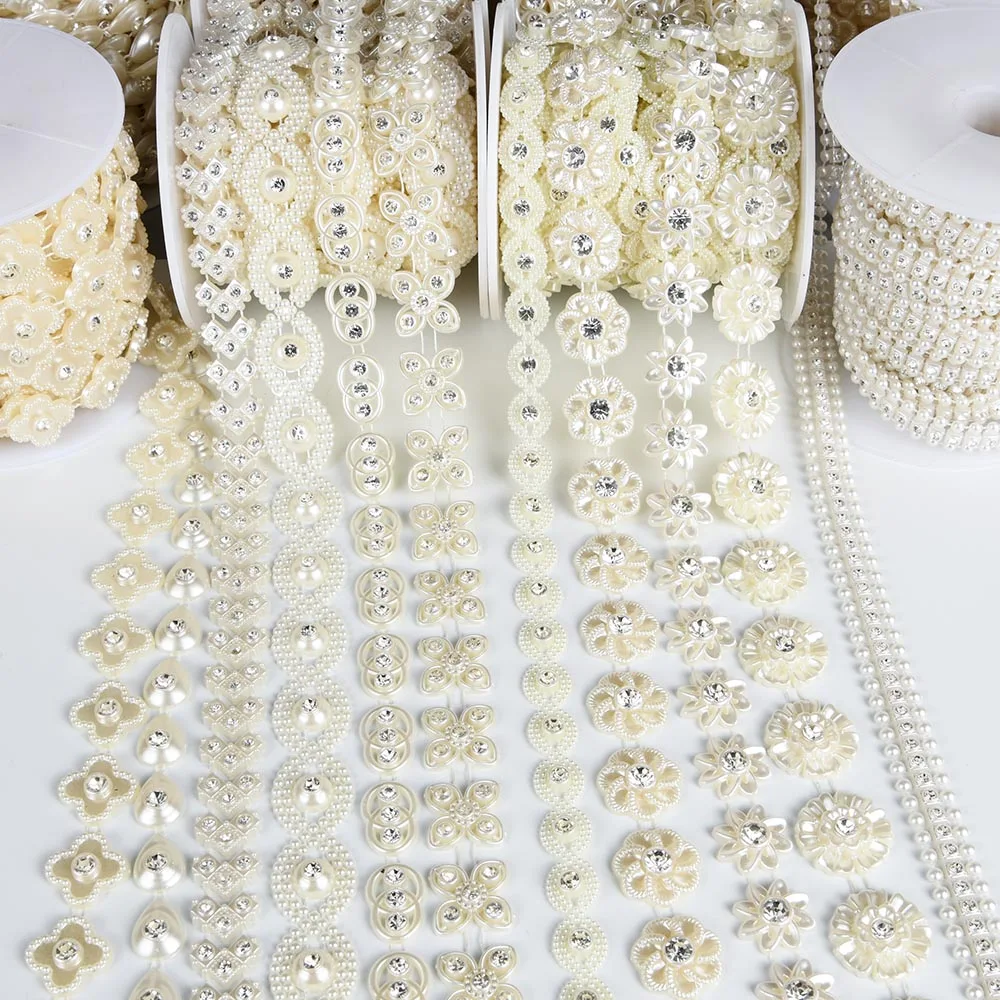 1Yards Imitation Pearl Beaded Chain Trim Garland Strand for Door Curtain Wedding Decoration DIY Embellished Rhinestone 39 Styles