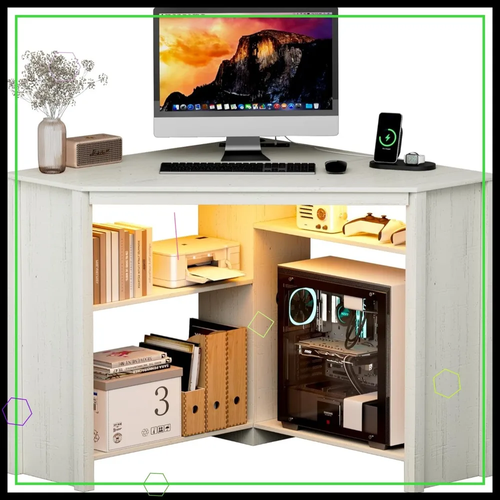 

Corner Desk with Charging Station & LED Light, Space-Saving Triangle Computer Desk for Small Spaces - White