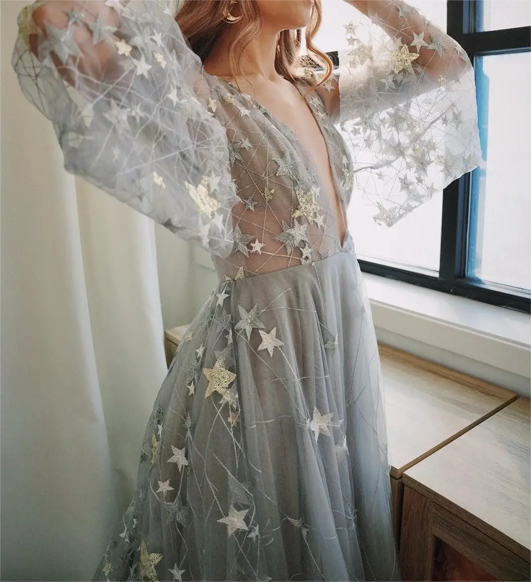 Celebrity Unique Boho Wedding Dress Gray Tulle A-Line White and Gold Sequin Star Bell Sleeve Front and Back Deep V Neck Dress