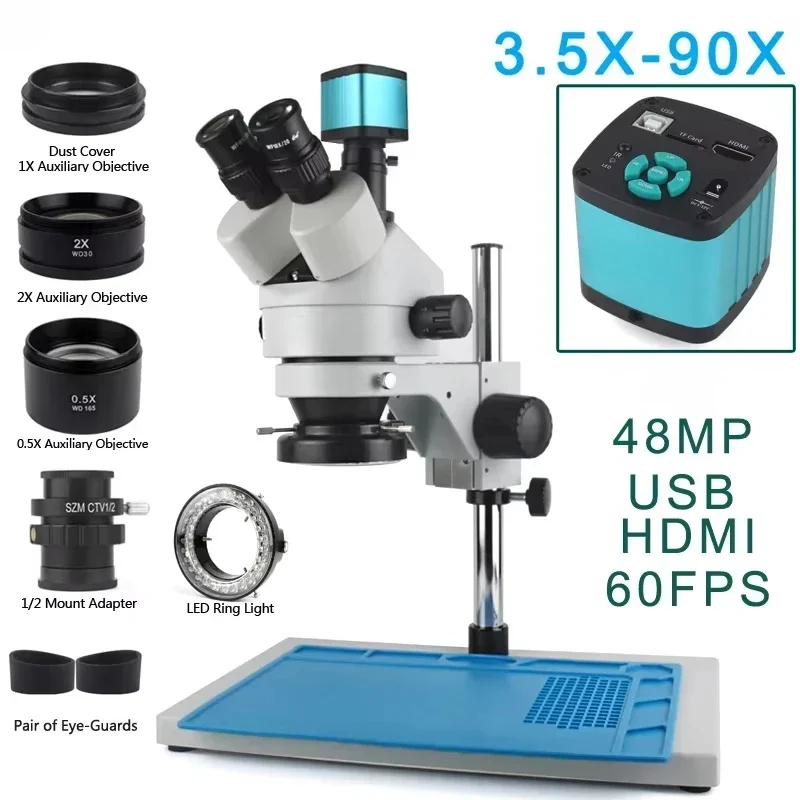 

3.5X-90X Digital Microscope 48MP USB VGA 60FPS Trinocular Stereo Microscope Eyepiece Soldering IC PCB Video Microscope