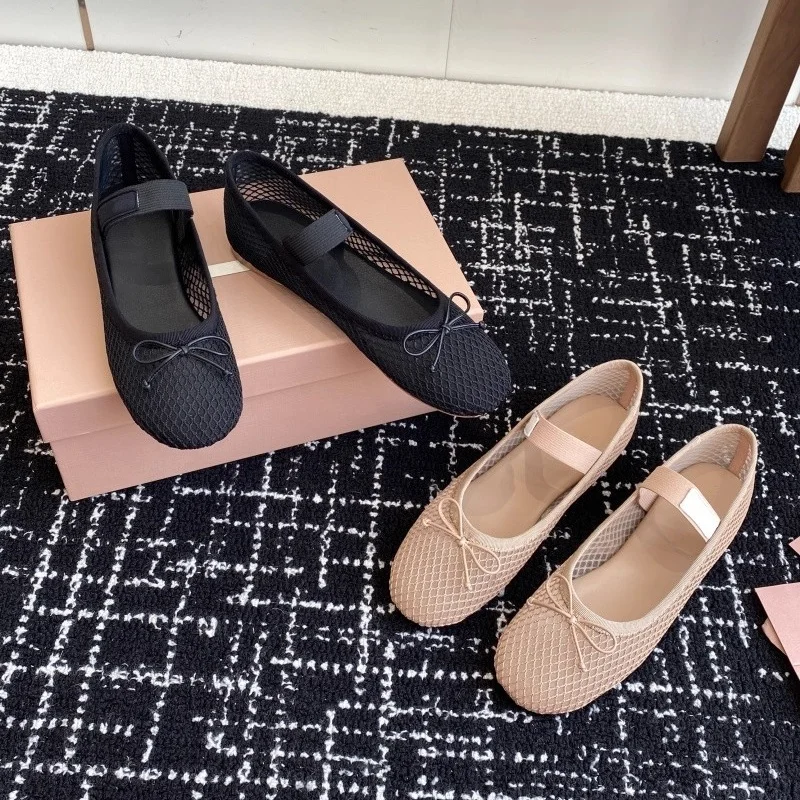 

Женские балетки с сетчатым бантом, туфли на плоской подошве с неглубоким горлышком, туфли Мэри Джейн с прямым ремешком, одинарные туфли с сеткой