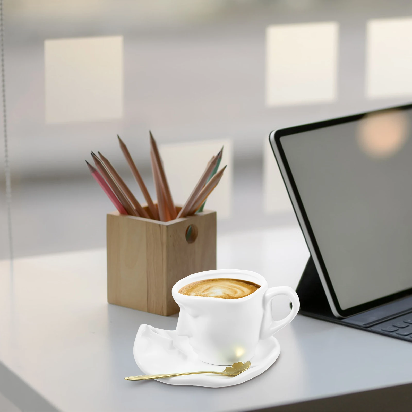 

1Set Ceramic Cup with Saucer Coffee Mug Face Design Handheld Drinks Cup for Home Office Tea Time Small Coffee Cups