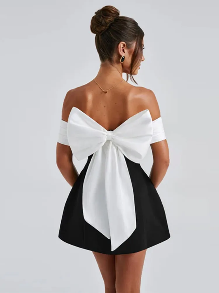 Back 3d Huge Bow Boat Neck Mini Dress Sexy Women Off Shoulder Backless A Line Vestidos Elegant Lady Street Evening Party Gowns