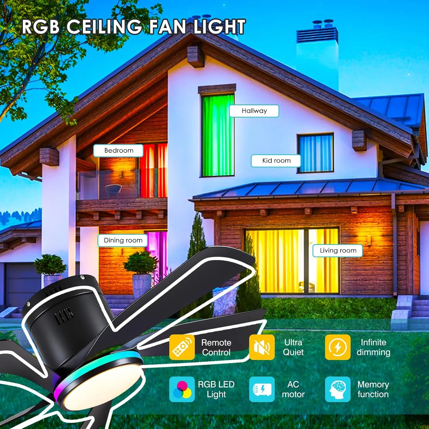 Kipas angin langit-langit hitam 36 inci dengan lampu Rgb, lampu kipas langit-langit Flush Mount dengan Remote/aplikasi, 3Cct, dapat diredupkan + lampu Rgb, Porfile rendah