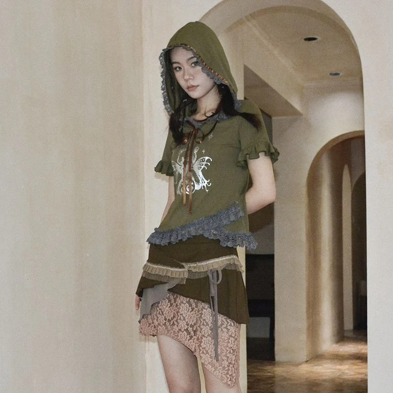 

Deeptown Harajuku Vintage Hooded T-shirt Women Y2k Green Gothic Punk Retro Tees Grunge Streetwear Lace Ruffle T-Shirt Aesthetic