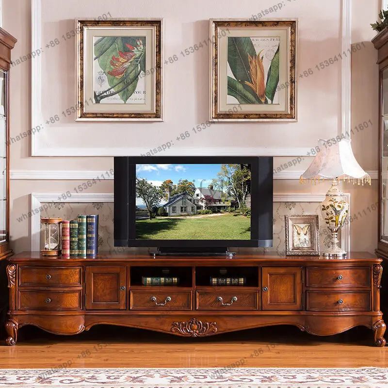 

American solid wood carved TV cabinet 1.8/2 0/2.2/2.4 meters solid wood living room cabinet