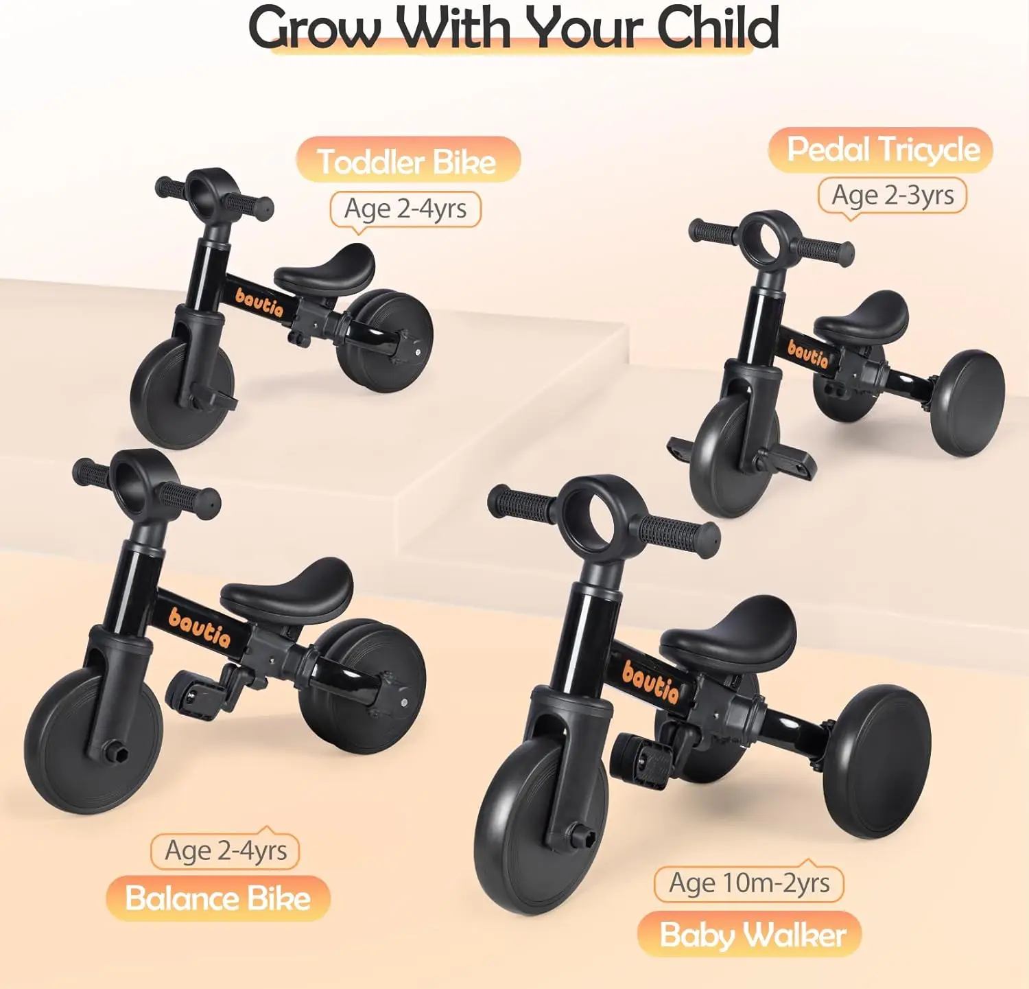 Tricycle for Toddlers 1-3, 4 in 1 Baby Balance Bike 1 2 Year Old Boy Girl Birthday Gift, Kids Bicycle Outdoor Toy with Removable
