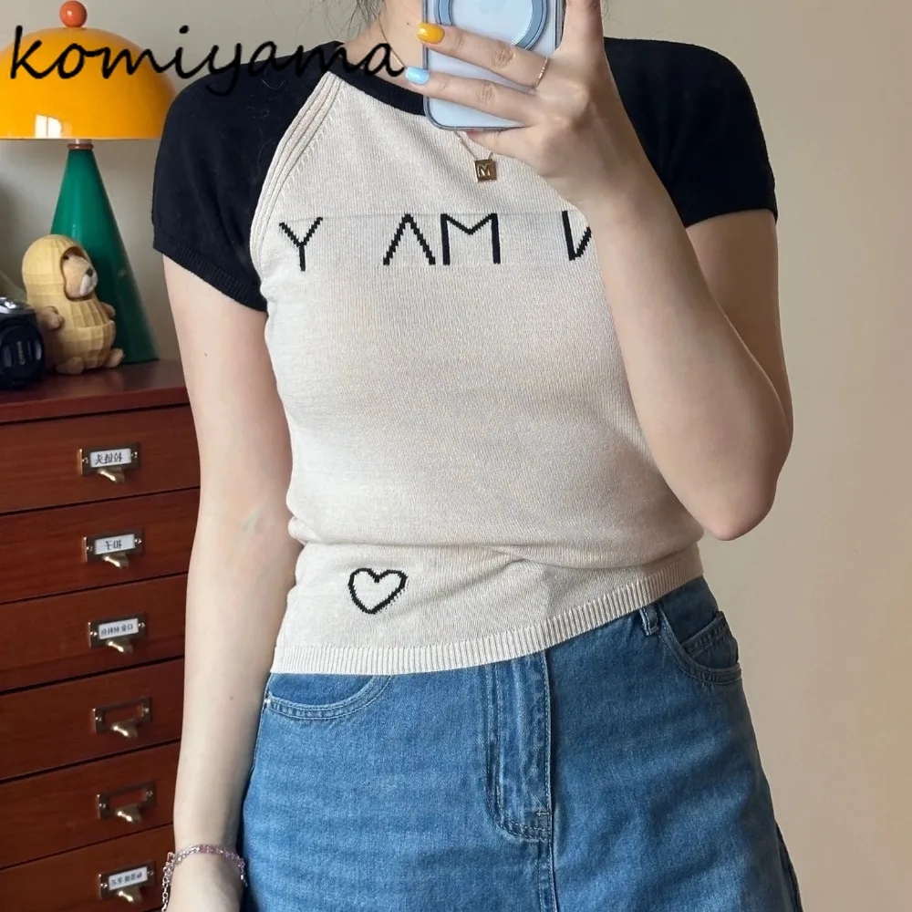 

O-neck Short Sleeve Woman Clothing Letter Embroidery Knitted Ropa Mujer Japan Clothes 2025 New Sweet T Shirt Summer Camisetas